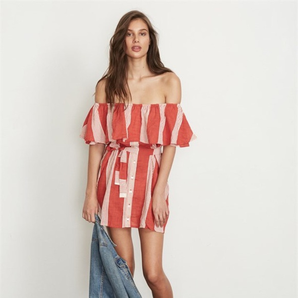 Faithfull the Brand Red Pinstriped Amalfi Off Shoulder Dress - Picture 2 of 6